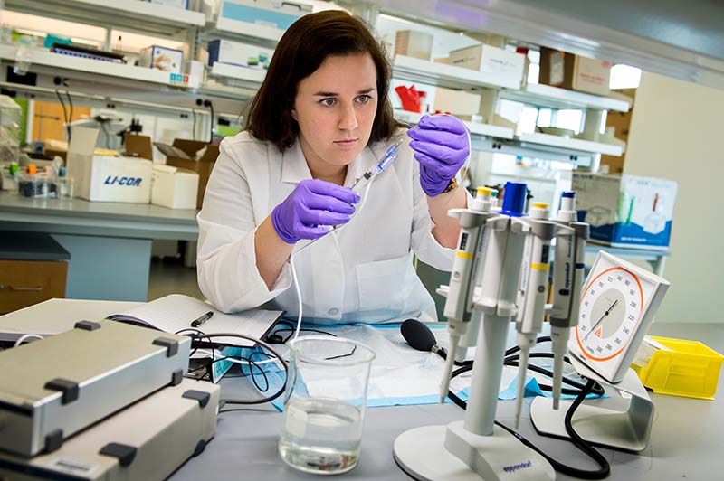 Megan Escott adjusts equipment in the laboratory of Assistant Professor of Biomedical Engineering Carolyn Bayer last year. 